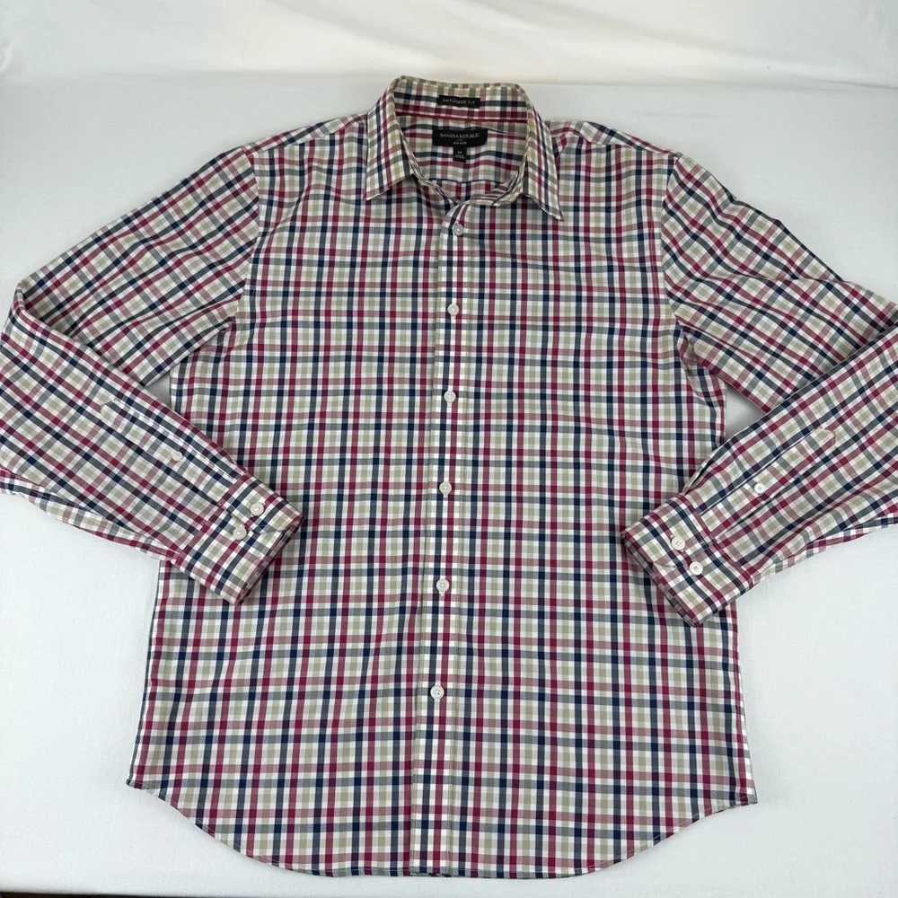 Banana Republic Untucked Fit Non-Iron, Slim Fit M Red/White/Blue Button-up Shirt